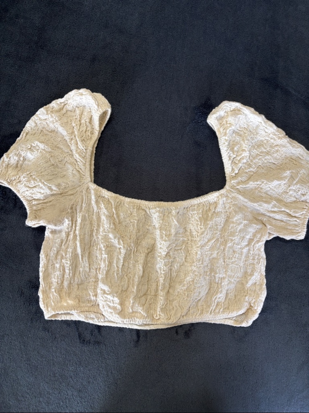 Zara Textured Cream Puff-Sleeve Square Neck Crop Top